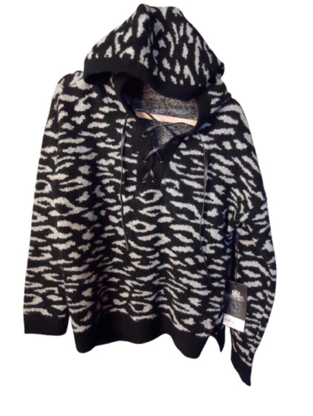 Rock & Republic Hooded Sweater Women Medium Animal Print Black/Gray Lace Up Neck